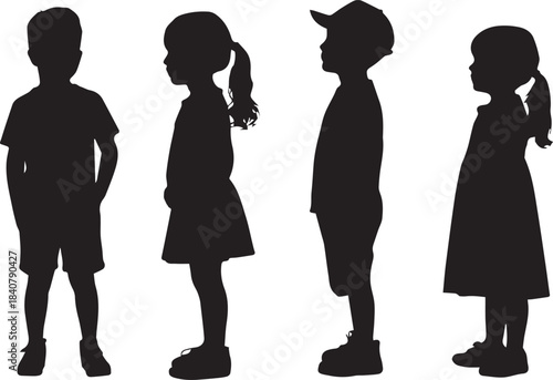 Silhouettes of four children standing in profile and front view