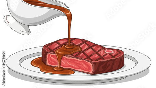 Gravy poured over a grilled steak on a plate