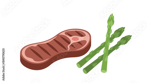 Grilled steak and asparagus on a white background