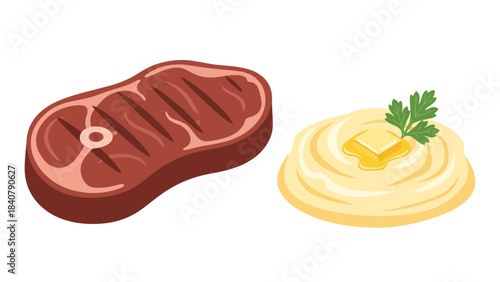 Grilled steak and mashed potatoes with butter and parsley