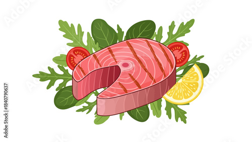 Grilled salmon steak with arugula tomato and lemon