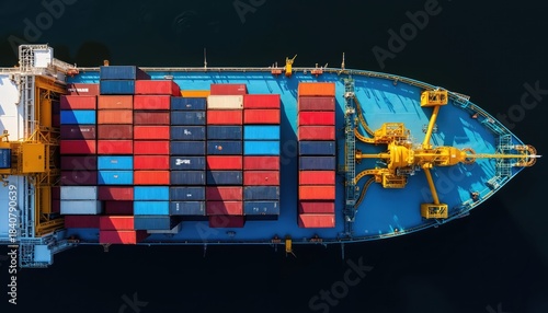 Giant cargo ship sails on dark blue ocean carrying stacks of colorful containers. Maritime vessel transports freight goods globally via sea routes, enabling international trade and commerce.