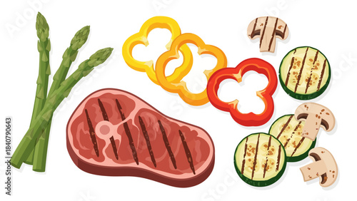 Grilled steak asparagus bell peppers zucchini and mushrooms