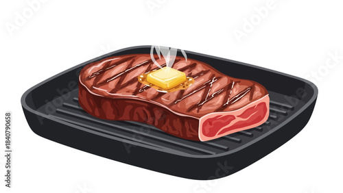 Grilled steak with butter on a grill pan
