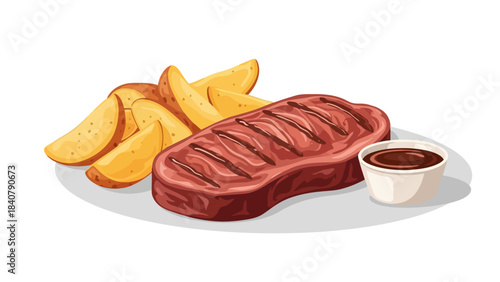 Grilled steak with potato wedges and dipping sauce