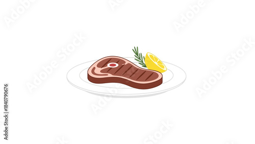 Grilled steak with rosemary and lemon on a plate
