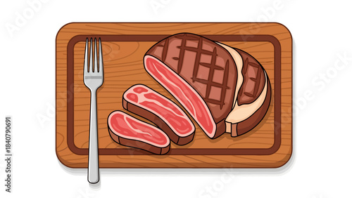 Grilled steak with slices on a wooden cutting board and a fork