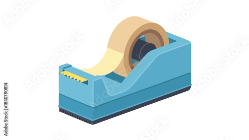 Isometric view of a blue tape dispenser with beige tape