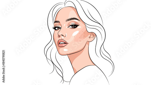 Line art portrait of a woman with wavy hair and makeup