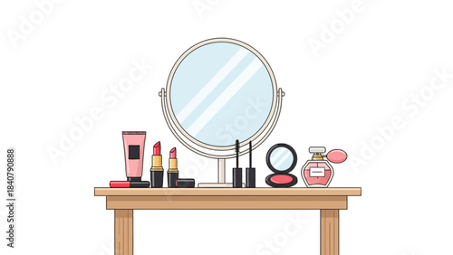 Mirror and makeup on a wooden table