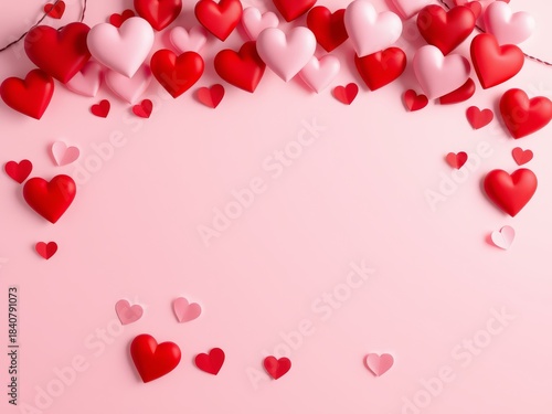 Festive arrangement of vibrant red and soft pink hearts creating a romantic backdrop for celebrations and love themes