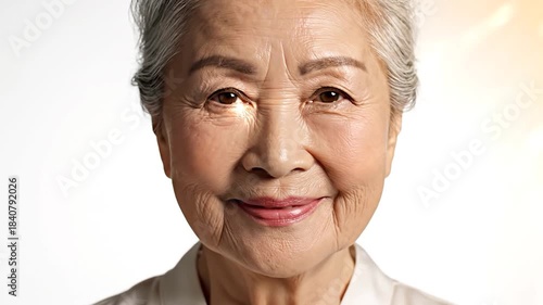 Wallpaper Mural Close-up of a serene elderly Asian woman with closed eyes, smiling peacefully, on a white background. Torontodigital.ca