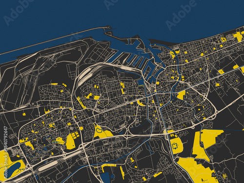 Modern graphic street map of Dunkirk, France, with graphite black base with warm cream road network, signal-yellow open areas and inky blue waterways