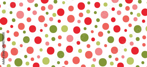 Christmas confetti vector seamless pattern. Colorful pastel confetti trendy background. Polka dots print in pink, green, red colors on Xmas, birthday, party. Holiday wrapping paper.  
