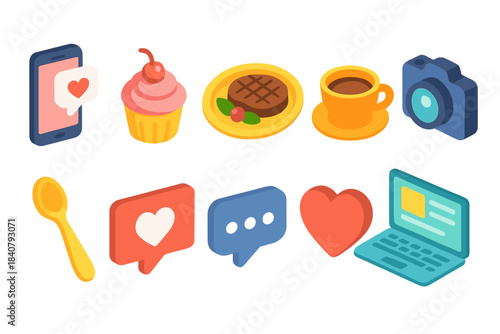 Food and social media 3d icon set. Cupcake, smartphone, laptop, and camera icons