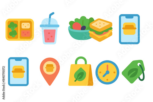 Food and drink flat icon set. Restaurant, menu, fast food, healthy eating icons.