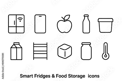 Smart fridges and food storage icon set. Outline style kitchen appliance icons.