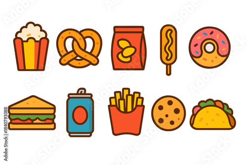 Food and snack filled icon set. Delicious fast food and snack icons collection.