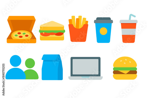 Food and delivery flat icon set. Fast food, takeaway icons collection in flat style.