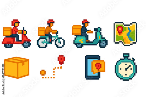 Delivery and logistics icon set. Pixel style icons for shipping and navigation
