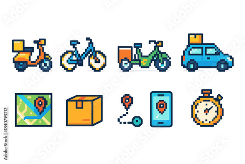 Delivery service icon set. Pixel art style for apps, maps, and logistics