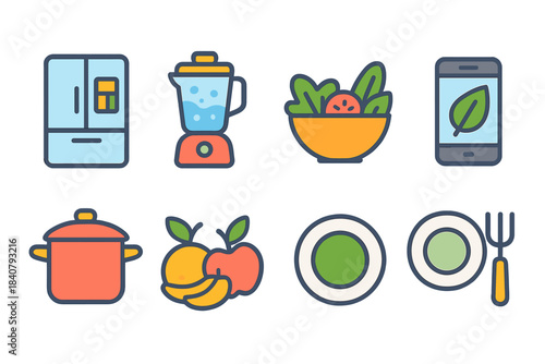 Kitchen appliance icon set, flat style. Cooking, food gadgets, kitchenware icons collection.