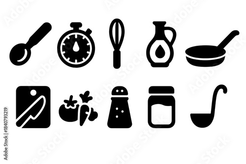 Cooking solid icon set. Kitchen utensils, food preparation, culinary tools icons collection