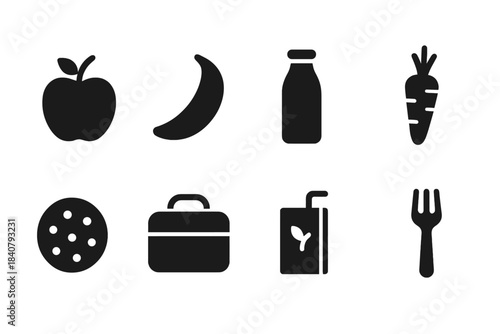 Healthy food solid icon set. Fruits, vegetables, drinks, and snacks collection