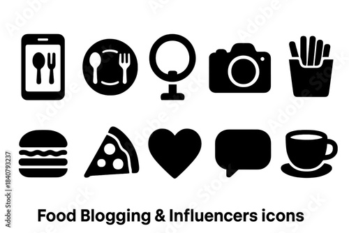 Food blogging solid icon set. Dining, photography, and influencer icons collection