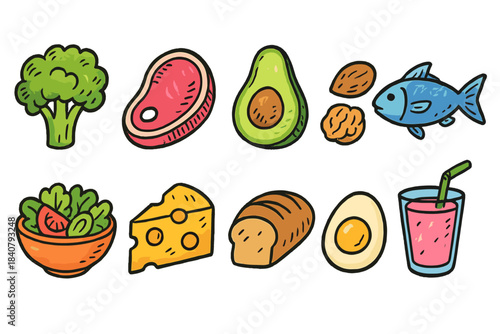 Healthy food icon set. Fresh and nutritious foods in a colorful flat style collection