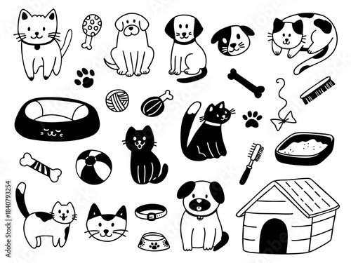 Set of Hand drawn pet animals and accessories in outline doodle style. Vector collection of cute pet illustration elements