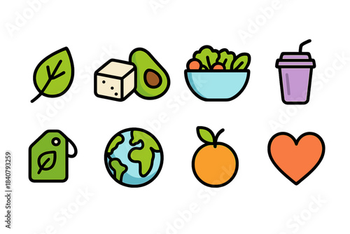 Vegan, organic flat icon set. Healthy food, plant-based icons collection