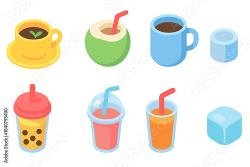 Beverage, drink flat icon set. Coffee, tea, juice, smoothie, coconut flat illustrations