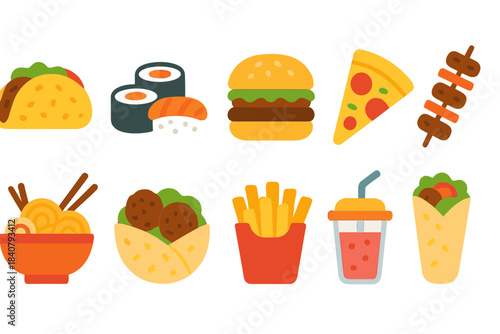 Food and cuisine flat icon set. Fast food, snacks, and meals icons collection