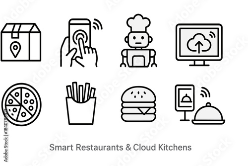 Smart restaurant and cloud kitchen icon set. Food, tech, service icons linear collection