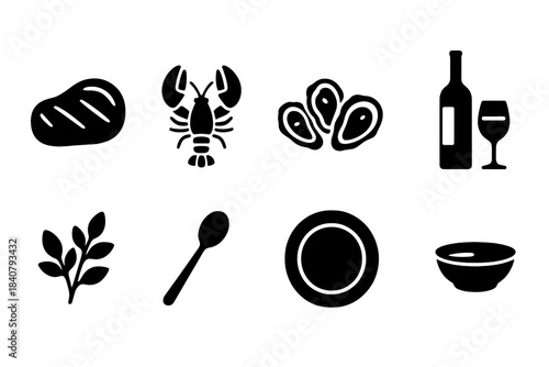 Food and drink silhouette icon set. Culinary, dining, kitchen icons collection