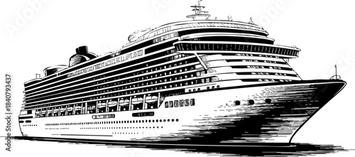 Detailed cruise ship engraving illustration showcasing massive ocean liner architecture. Cruise ship design features multiple decks and passenger cabins, implying luxury travel.