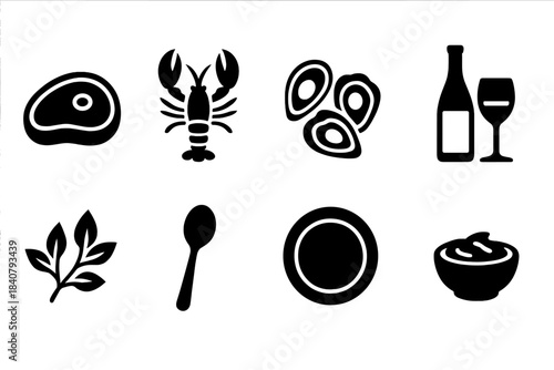 Seafood and dining silhouette icon set for gourmet culinary collections