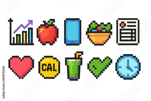 Health and fitness pixel icon set with calorie, heart, and nutrition symbols