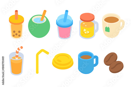 Drink and beverage icon set. Refreshing, delicious drinks in a flat icon pack