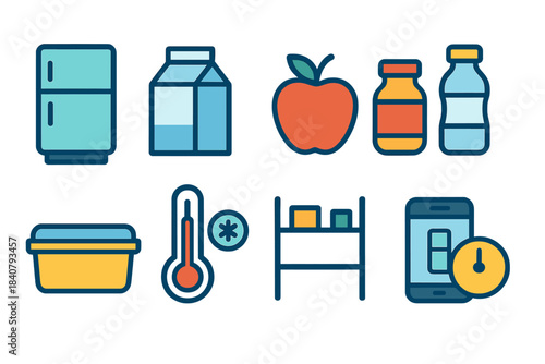 Food storage flat icon set. Containers, temperature, preservation icons collection