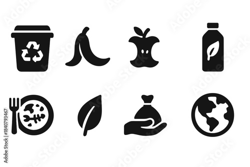 Waste management solid icon set. Recycling, sustainability icons solid collection