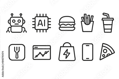 Diverse technology and food line icon set. Robotics, ai, fast food collection.