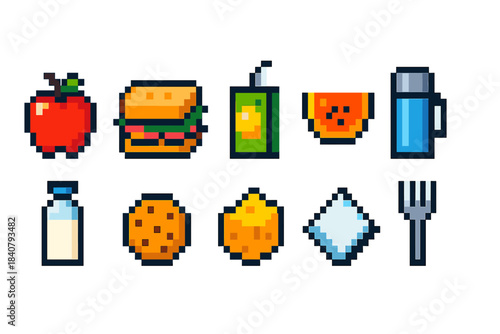 Food and drink pixel icon set. Snack, beverage, meal icons in 8-bit style