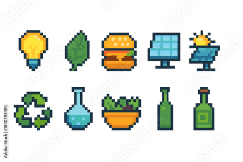 Pixel art icon set for sustainable living: flat icons for eco lifestyle and food choices