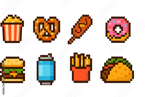 Fast food pixel icon set. Snacks, junk food pixelated icons, outline style collection