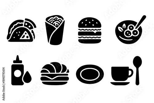 Breakfast, fast food silhouette icon set. Taco, burger, coffee, and more food icons