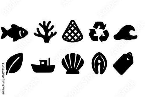 Marine life silhouette icon set. Ocean, fish, recycling silhouette icons collection