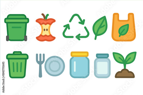 Eco-friendly recycling icon set. Waste management and sustainability icons in flat style