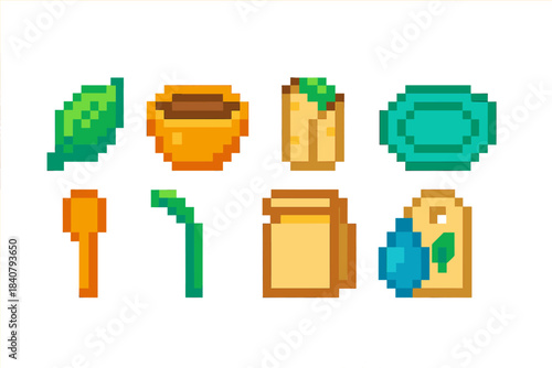 Eco-friendly, biodegradable pixel icon set. Zero waste, pixelated icons collection